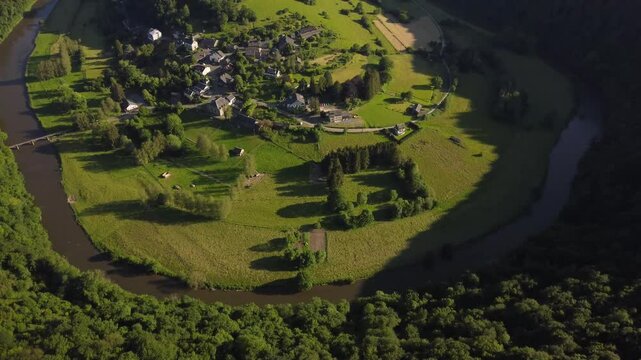 Aerial View of Frahan, Rochehaut, Belgium: River Loop and Village Charm
