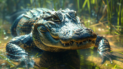 A large alligator gracefully swims in the water