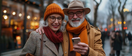 Obraz premium An Elderly Couple On The Street Of A Tourist City. Illustration On The Theme Of Pensions, People, Age And Travel. Generative AI