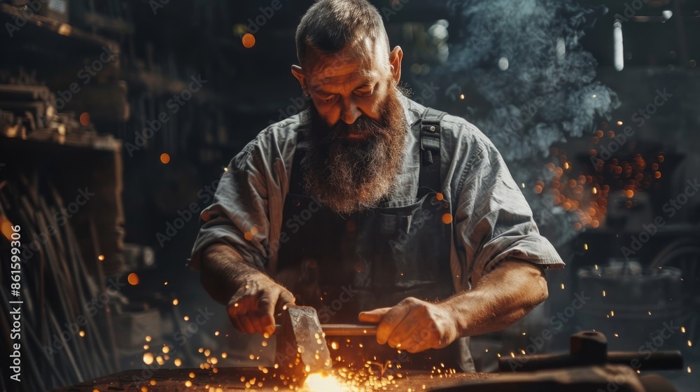 Poster A man with a beard is working with a hammer and anvil