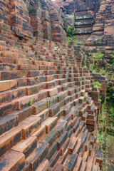Hoi An, Vietnam - 6 Feb, 2024: Brickwork at the My Son Hindu temple, built during the Champa kingdom, Vietnam