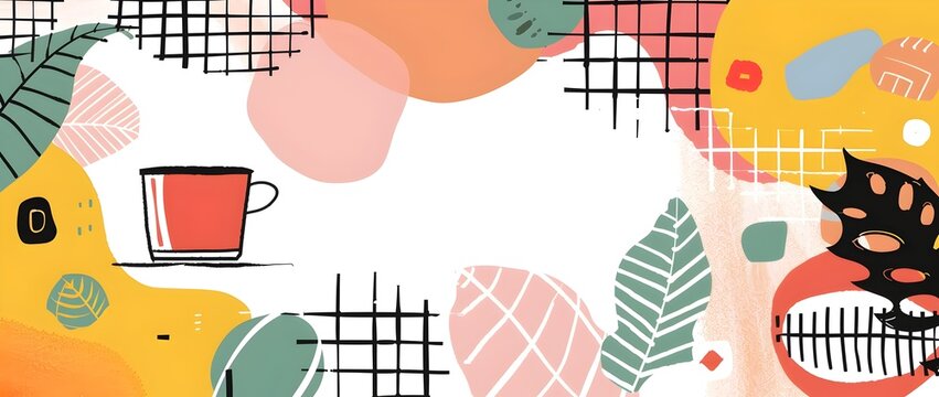 Vibrant Geometric Plaid and Coffee Shop Inspired Border Design with Blank Space for Product Mockup or Creative Artwork