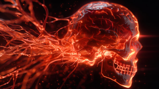 repr&eacute;sentation d'un crane de profil avec cerveau et syst&egrave;me nerveux translucide et color&eacute;