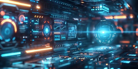 Fototapeta premium Cybernetic Gaming World Futuristic gaming background with cybernetic elements, glowing interfaces, and abstract digital landscapes. 