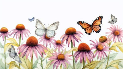 Fototapeta premium a watercolor painting clipart of beautiful yellow coneflowers with purple leaves