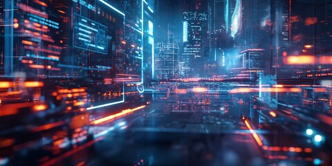 Fototapeta premium city at night, Cybernetic Gaming World Futuristic gaming background with cybernetic elements, glowing interfaces, and abstract digital landscapes. 
