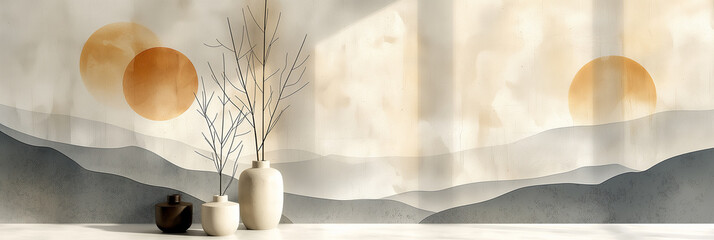 Background Nordic Design With Earth Colours: Abstract Painting Featuring Vases, Sun, And Flowers