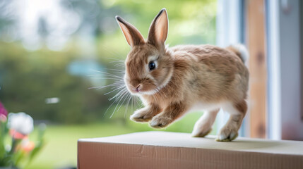 Obraz premium Playful brown rabbit hopping on a sunny day in the garden with a blurred greenery background.