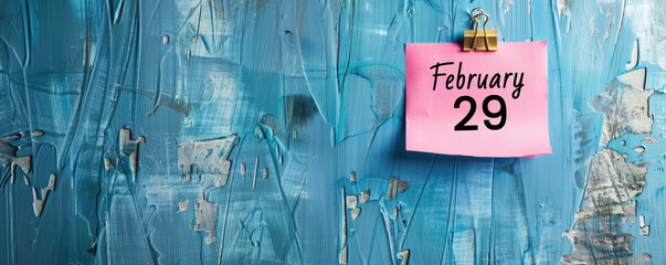 A pink sticky note is placed on a blue wall, with "February 29" written on it as a reminder for leap year day. empty space for additional notes or messages. copy space