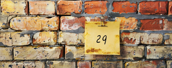 A reminder for leap year day is displayed on a yellow note against a backdrop of brick wall, with the date written as 29. copy space