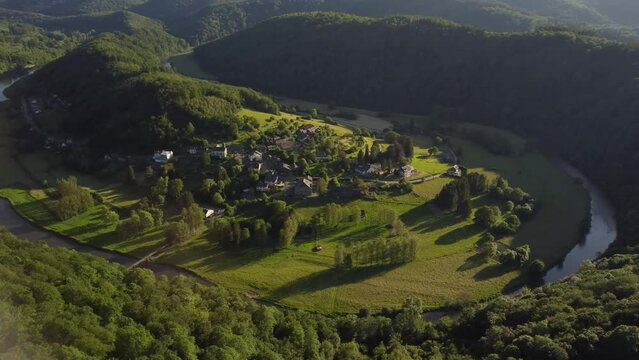 Aerial View of Frahan and Rochehaut, Belgium: A Serene River Bend
