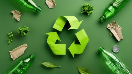 A green recycling symbol with recyclable waste components like plastic bottles and paper, promoting eco-consciousness and sustainability