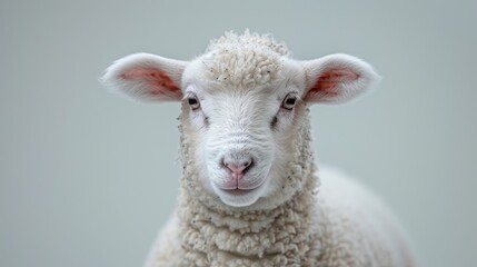 Fototapeta premium A detailed close-up of a young, white sheep with curly wool and prominent ears, standing against a neutral grey background, showcasing its serene expression.