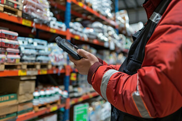 a storekeeper checking stock of the items on wholesale warehouse with barcode reader
