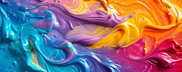 Fototapeta premium Vivid abstract closeup of swirling multicolored paint with vibrant texture and drops
