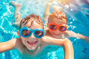 Two boys wearing goggles swimming in a pool. They are smiling and having fun in the water