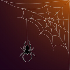 Vector Halloween clipart: cartoon white cobweb and  black spider on dark background. Flat Halloween cartoon character. Vector illustration.