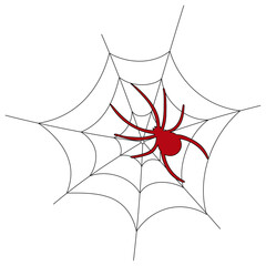 Vector Halloween clipart: cartoon cobweb and red spider on white background. Flat Halloween cartoon character. Vector illustration.
