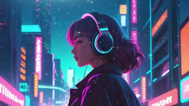 Anime Girl in Cyberpunk City: Lofi Music 4K Loop Video