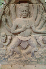 Hoi An, Vietnam - 6 Feb, 2024: Stone carvings at the ancient My Son Hindu temple, Champa kingdom, Vietnam