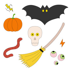 Vector Halloween clipart: pumpkin, bat, human eyes, skull, broom, worm and lightning on white background. Flat Halloween cartoon characters. Vector illustration.
