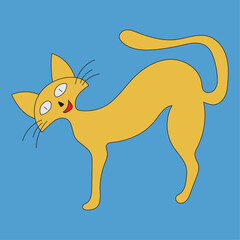 Vector clipart: cartoon ginger cat on the blue background. Flat cartoon character. Yellow cute kitty. Vector illustration.