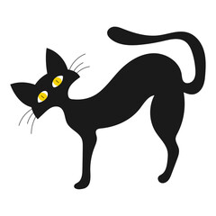 Vector Halloween clipart: cartoon cat with yellow eyes. Flat Halloween cartoon character. Black scary kitty. Vector illustration.