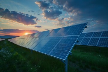 Solar Panels on Sunset Background created with Generative AI
