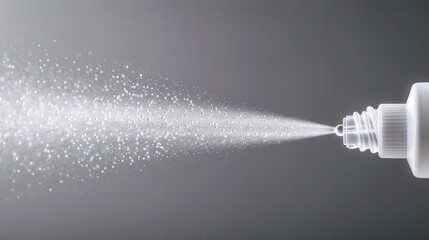 Detailed closeup of nasal spray mist, allergy relief, neutral background, focus on spray