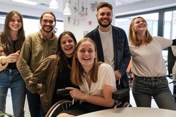 Portrait of diverse working team with disabled members looking at camera with cheerful smiles