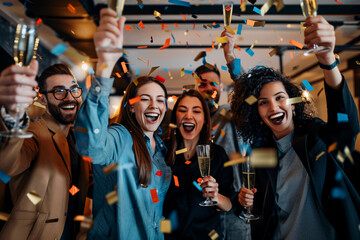 Young and diverse group of people celebrating a party in the office