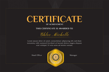 Elegant black and gold blue diploma certificate template with luxury badge and modern line pattern. For award, business, and education needs. Use for print, certificate, diploma, graduation