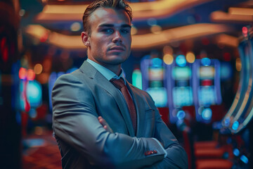 Fototapeta premium Casino player, playing blackjack with a croupier, immersed in the excitement of the game