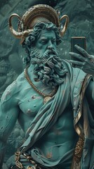 A statue of a man holding a cell phone