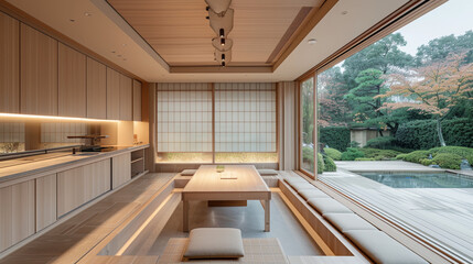 Fototapeta premium Japanese Tea House Kitchen: Find serenity with tatami mat flooring, sliding paper doors, low seating around a sunken table, and minimalist decor