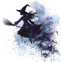Beautiful watercolor illustration of a flying witch on a broomstick with a dreamy and mystical background.