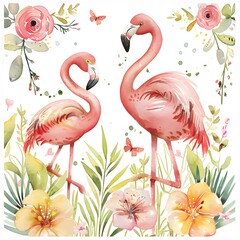 Naklejka premium Beautiful watercolor illustration of two pink flamingos with flowers, butterflies, and lush greenery in a tropical setting.