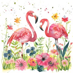 Beautiful watercolor illustration of two pink flamingos surrounded by colorful flowers and greenery.