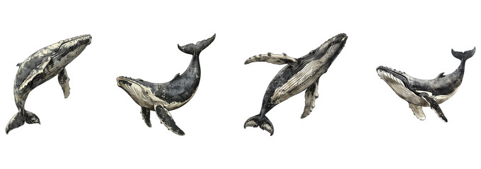 Fototapeta premium Set of whale on transparent background. Wildlife illustration