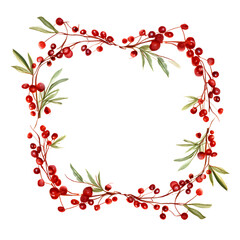 Fototapeta premium Elegant square frame of red berries and green leaves, perfect for holiday cards and festive designs.