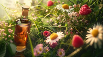 Obraz premium A bottle of alcohol sitting in a field of flowers