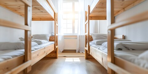 Contemporary Hostel Interior Featuring Chic Decor and Inviting Bunk Beds. Concept Hostel Design, Chic Decor, Bunk Beds, Contemporary Interior, Inviting Atmosphere