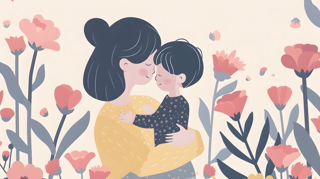 Illustration of a mother embracing her child among pink and blue flowers, showcasing maternal love and tenderness.