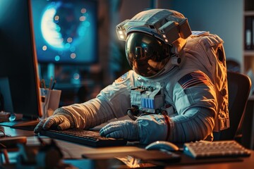 An astronaut working with computer in a modern office with a computer, Magazine photography style