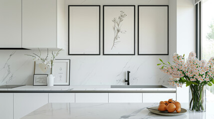 Fototapeta premium Elegant contemporary kitchen with minimalist decor, including a marble countertop and decorative vase. The serene ambiance is enhanced by natural light and clean lines.