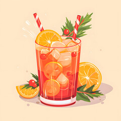 Refreshing iced citrus drink with orange slices and cranberries, adorned with red striped straws. Perfect for summer or festive occasions.