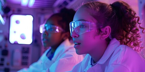 Obraz premium kid girls of different races in white suits and lab glasses working in space shuttle
