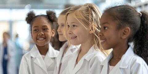 Fototapeta premium kid girls of different races in white suits working in hospital, 