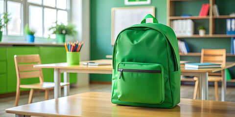 A green school backpack sits on a wooden desk