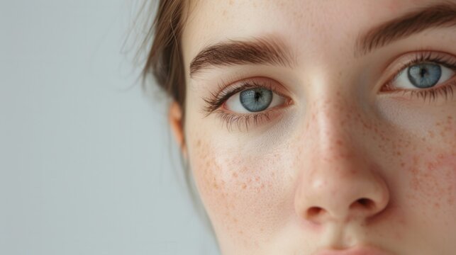 A close-up portrait of a young woman with acne. Her skin is pale and she has a sad expression. Generative AI